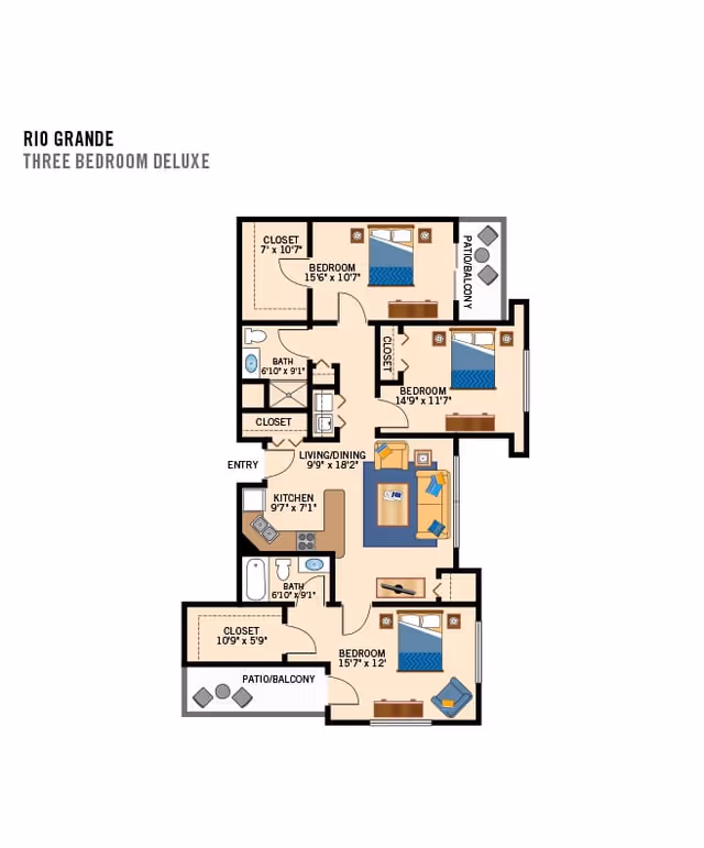 Colored floor plan titled 'Rio Grande Three Bedroom Deluxe' showing a three-bedroom apartment layout with living/dining, kitchen, two bathrooms, closets and patios/balconies.