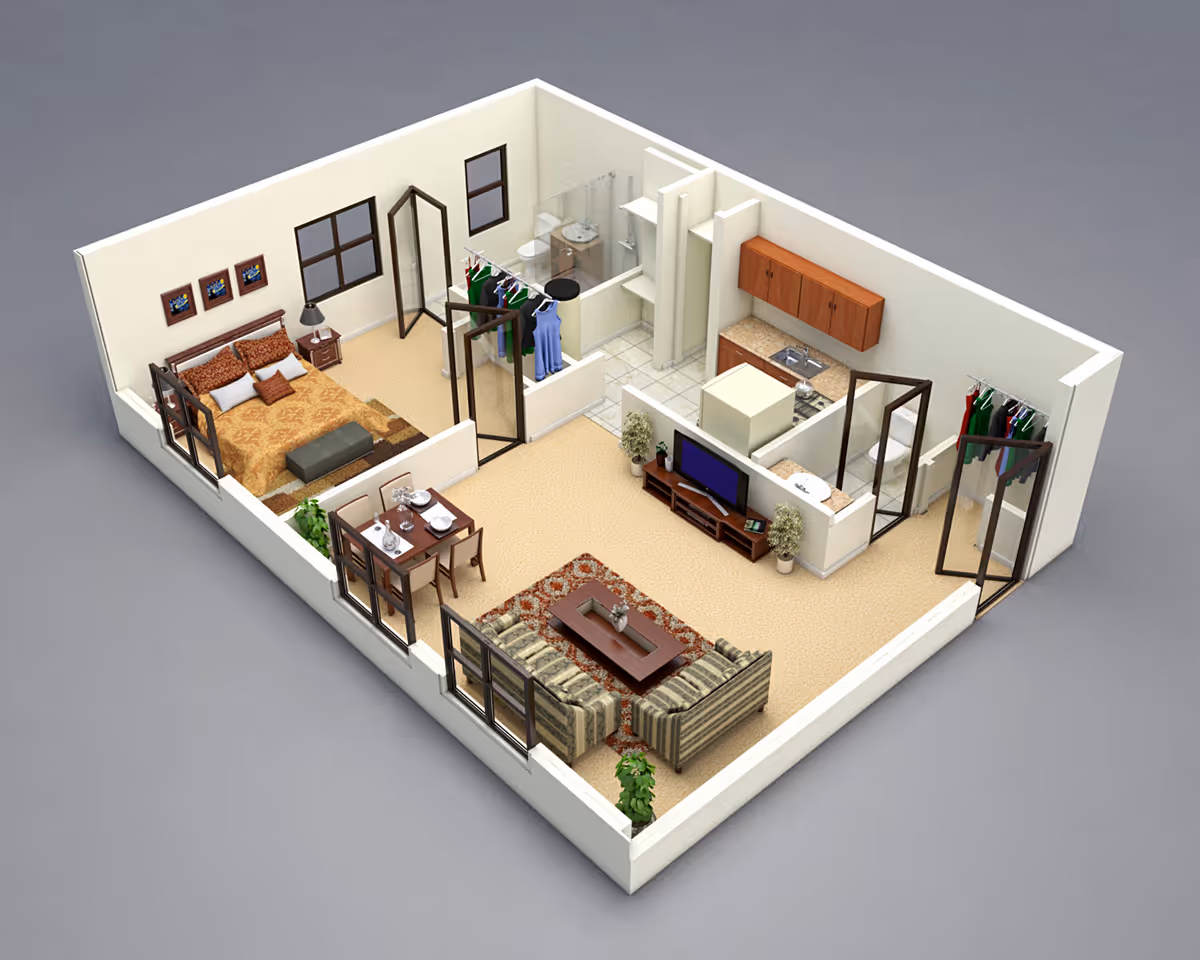 3D floor plan of a senior living apartment showing a bedroom with a bed and nightstand, a bathroom with a shower, a kitchen with cabinets and appliances, a dining area with a table set for two, and a living room with a sofa, coffee table, TV, and plants.