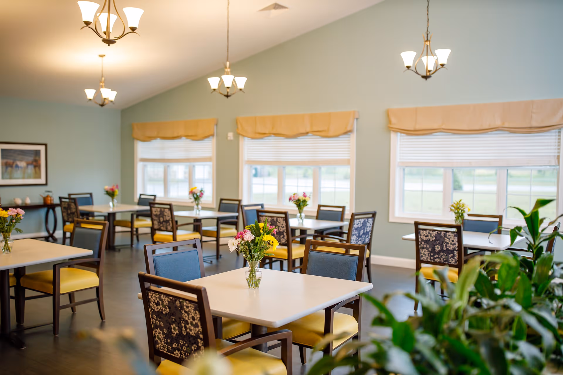 A bright dining room with multiple square tables, each surrounded by chairs with yellow seats and floral-patterned backs. Each table has a small vase with colorful flowers. The room has large windows with beige valances, light green walls, and three chandeliers hanging from the ceiling. There is a plant in the foreground and a framed picture on the wall in the background.