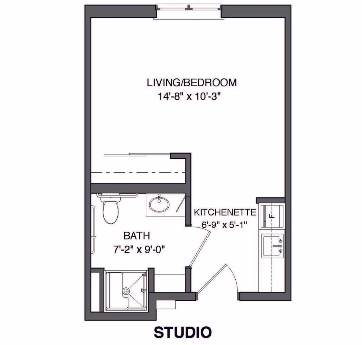 Floor plan of a studio apartment at Heritage Woods of Minooka showing a living/bedroom area measuring 14 feet 8 inches by 10 feet 3 inches, a bath measuring 7 feet 2 inches by 9 feet, and a kitchenette measuring 6 feet 9 inches by 5 feet 1 inch.