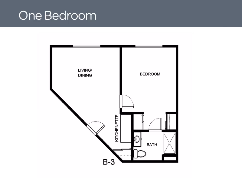Black-and-white one-bedroom floor plan labeled 'One Bedroom' and 'B-3' showing a living/dining area, kitchenette, bedroom, and bath.