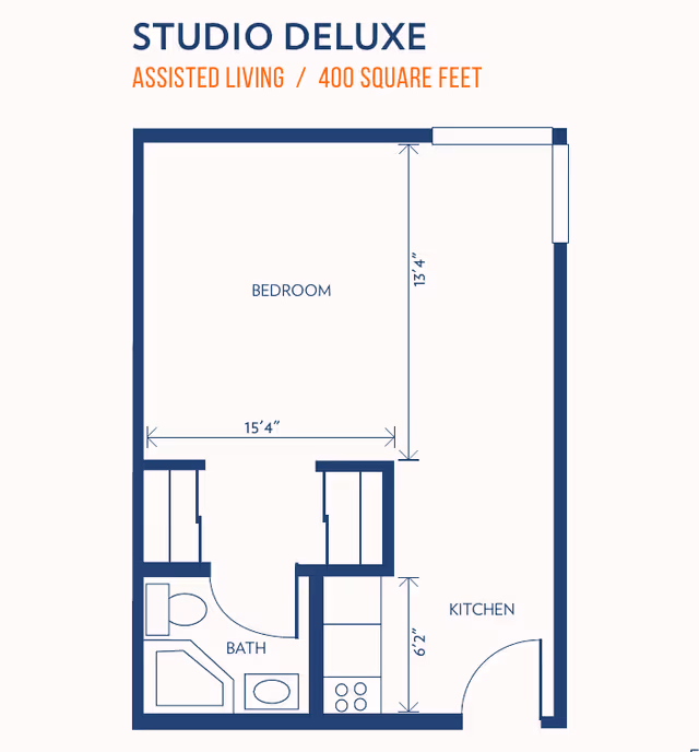 Floor plan labeled "Studio Deluxe" for a 400-square-foot assisted living unit showing a bedroom, kitchen, closets, and a bathroom with dimensions.