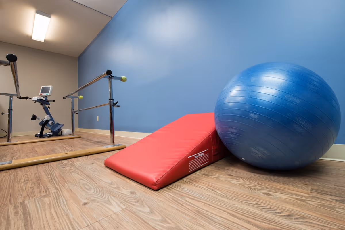 A small exercise room with wooden flooring and a blue wall. The room contains a blue exercise ball, a red inclined exercise mat, parallel bars with yellow tennis balls on the ends, and a stationary exercise bike in the background.