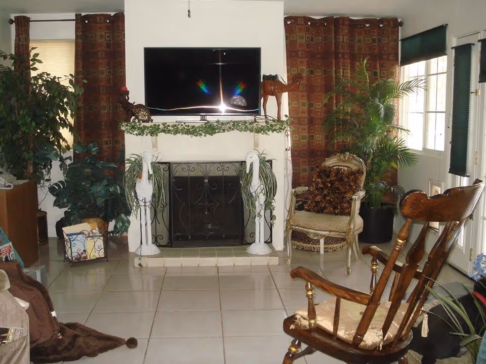 A cozy living room with a tiled floor, a fireplace with decorative white bird sculptures on either side, a flat-screen TV mounted above the fireplace, and various plants around the room. There are two chairs, one wooden rocking chair in the foreground and an upholstered chair with a brown cushion near the window. The windows have patterned curtains and blinds.
