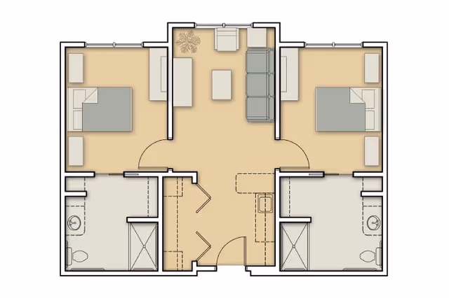 Colored top-down floor plan of a symmetrical two-bedroom layout with a central living area and two bathrooms.