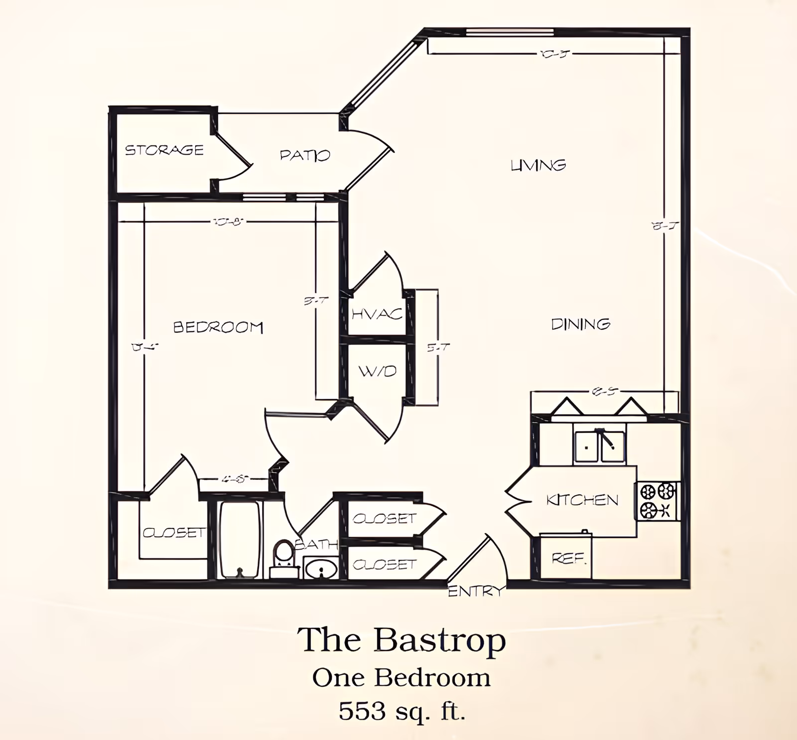 Floor plan of The Bastrop one-bedroom apartment at The Continental Retirement Community, showing a layout with a bedroom, bathroom, kitchen, dining area, living room, patio, storage, closets, HVAC, and washer/dryer area, covering 553 square feet.