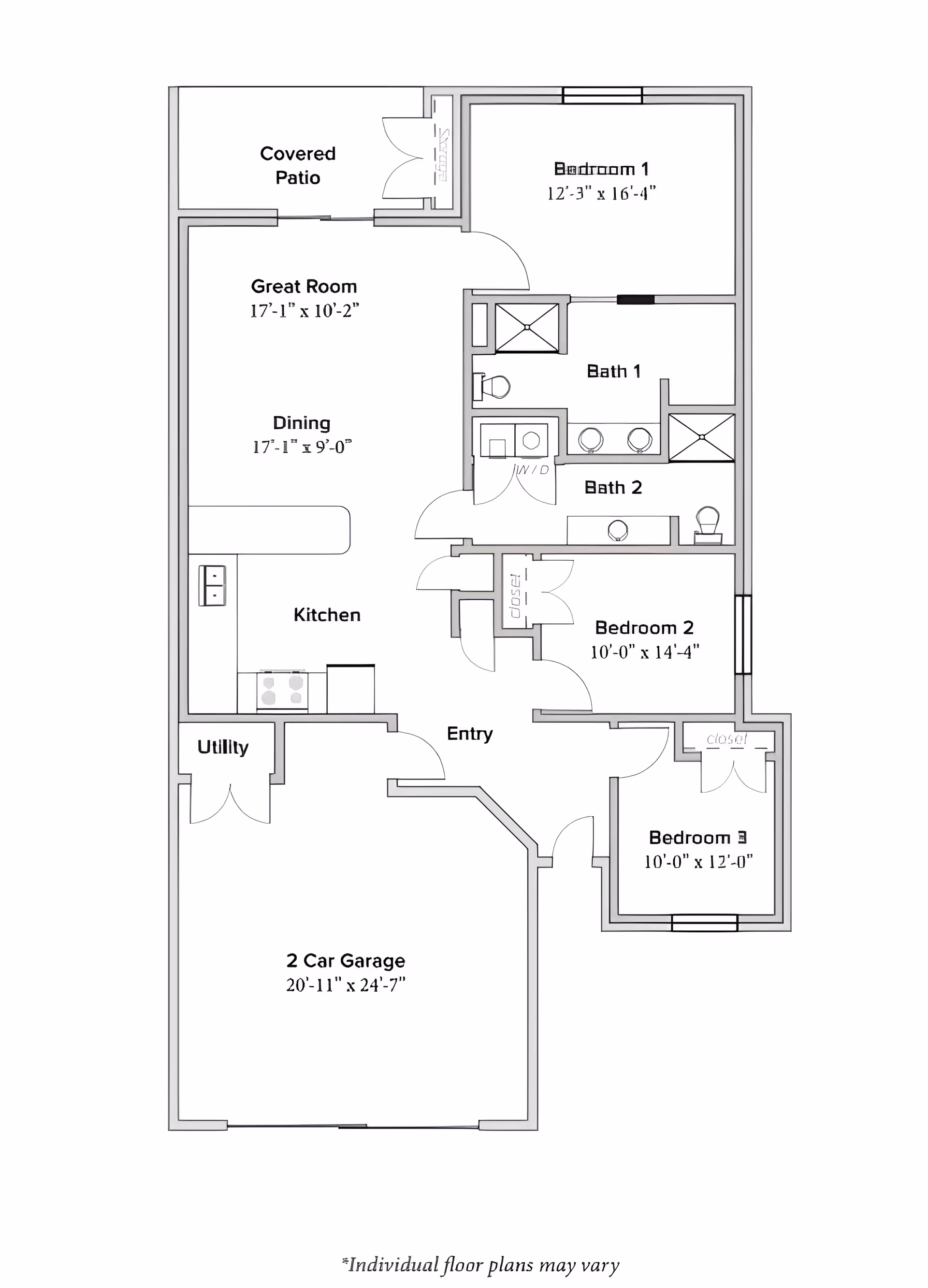 Black-and-white floor plan of a three-bedroom, two-bath residence showing a kitchen, great room, dining area, covered patio and a 2-car garage.