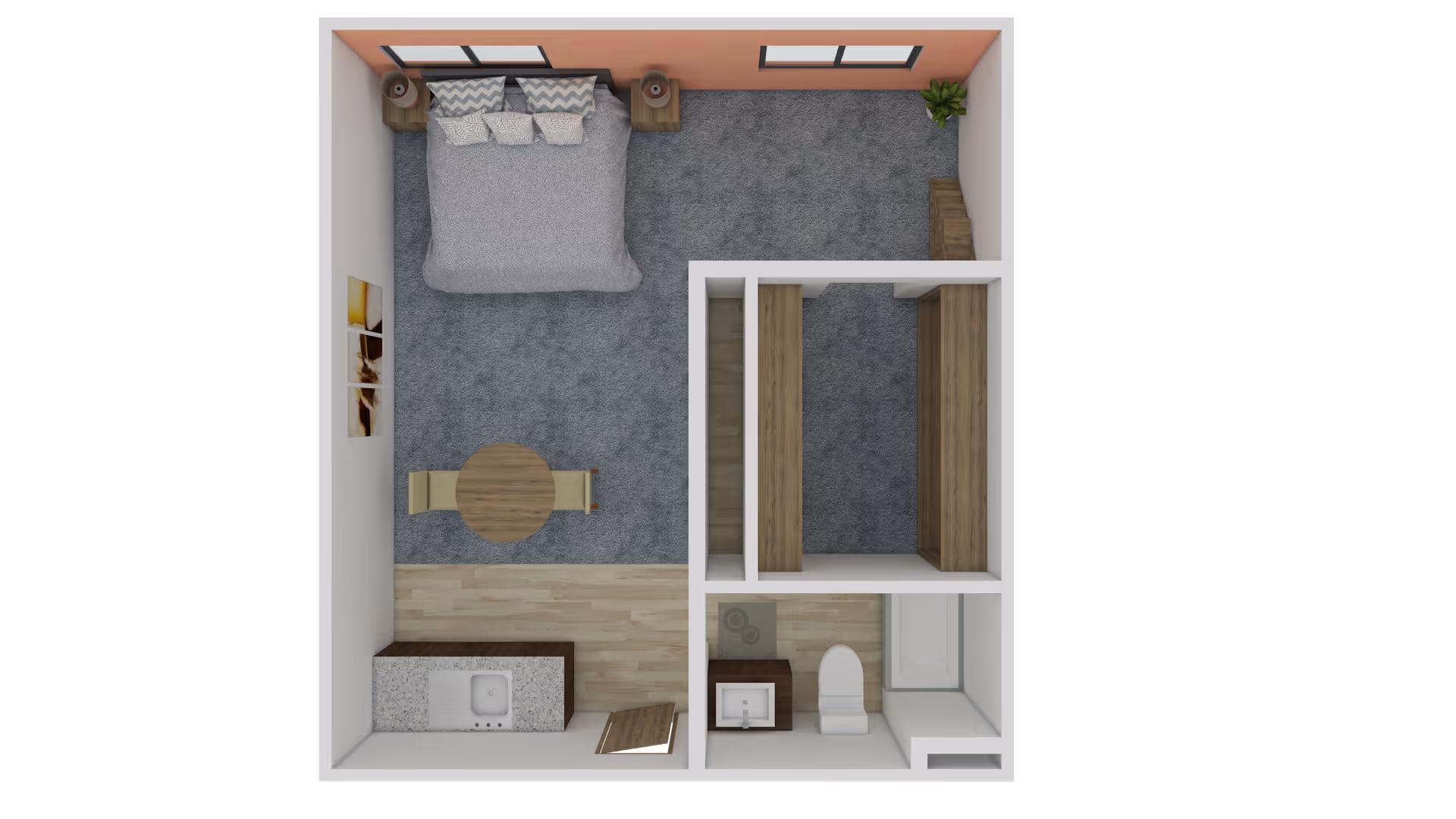 Top-down floor plan of a studio apartment showing a bed with nightstands, a small dining table, kitchenette, bathroom, and closet space.