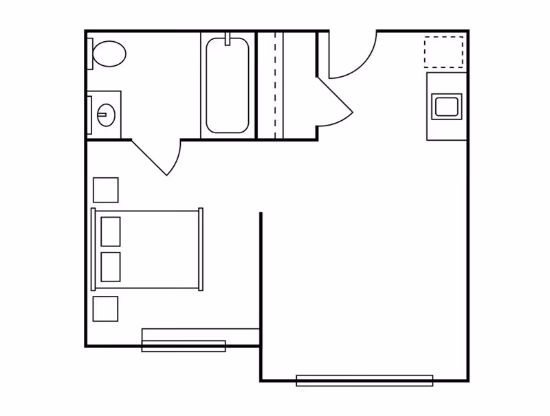 Black and white architectural floor plan of a small apartment unit showing a bedroom with a bed and two nightstands, a bathroom with a toilet, sink, and bathtub, and an open living area with a kitchen counter and sink.