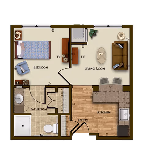 Floor plan of a one-bedroom apartment at Harmony at Wescott showing a bedroom with a bed and chair, a living room with a sofa and TV, a kitchen with a counter and sink, a bathroom with a shower, toilet, and sink, and an entry area.