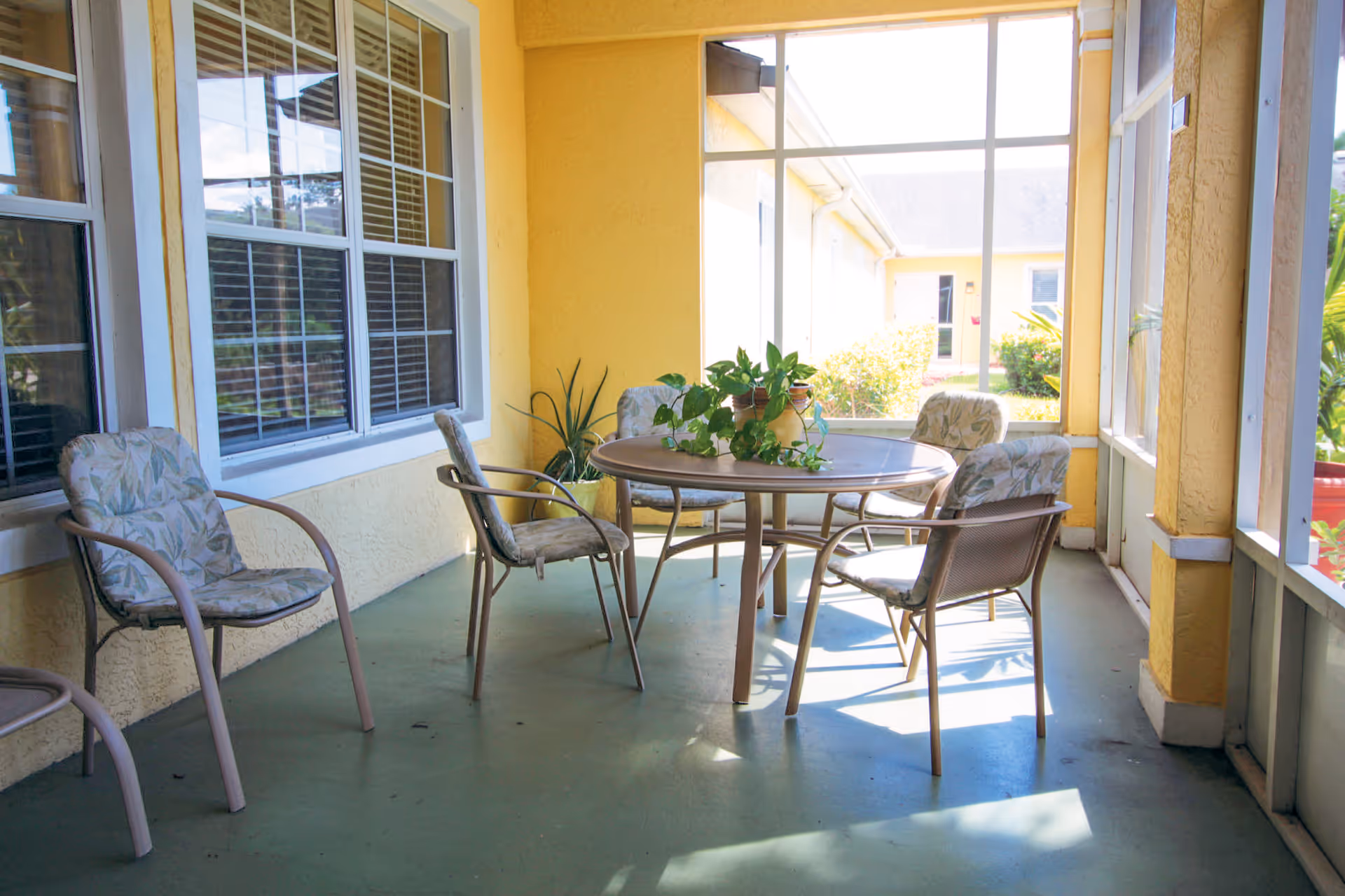 A screened-in porch area with a round table surrounded by five cushioned chairs. The walls are painted yellow, and there are potted plants on the table and in the corner. Large windows and screens allow natural light to fill the space.