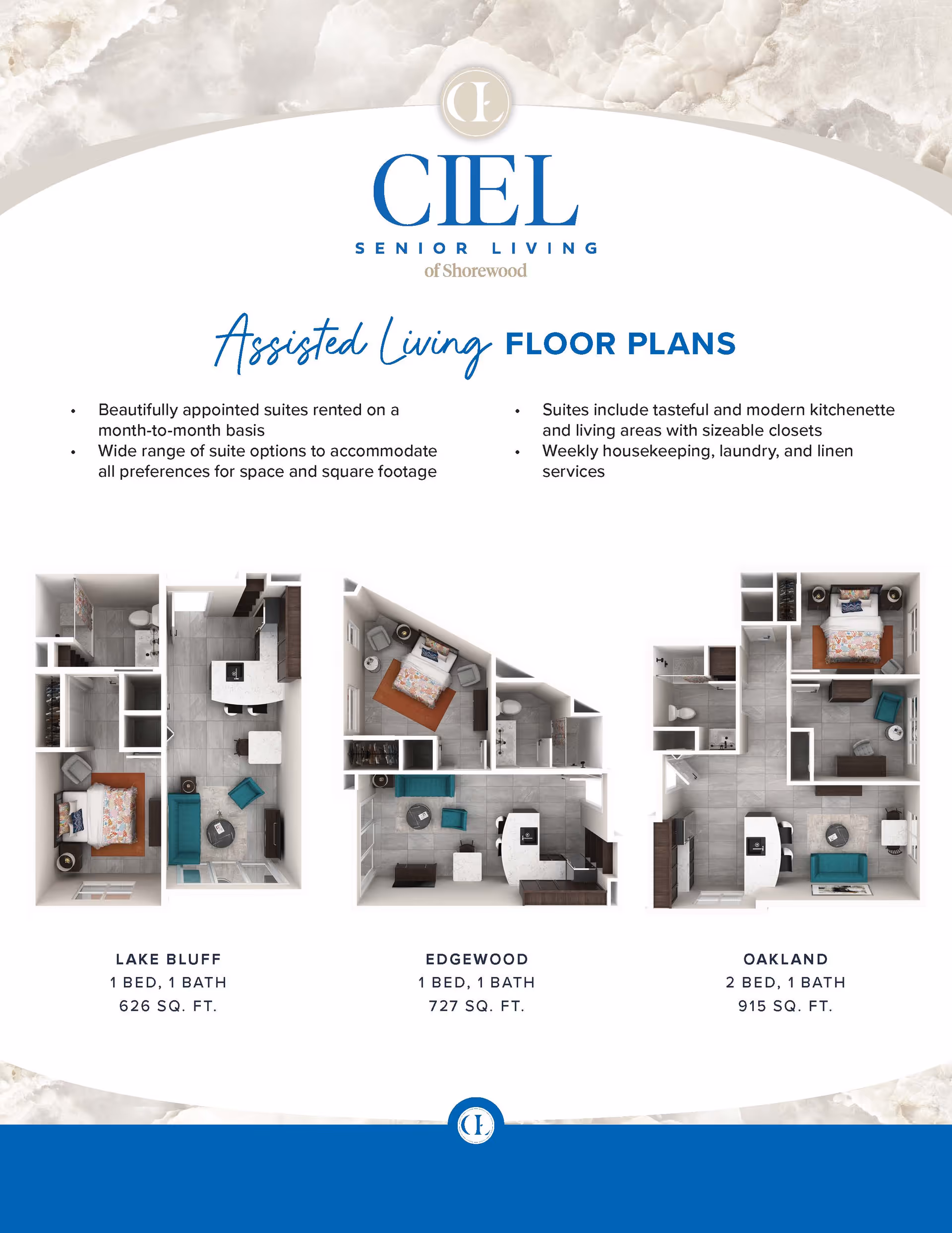 Floor plans for assisted living suites at Ciel Senior Living of Shorewood, showing three layouts: Lake Bluff with 1 bedroom and 1 bathroom at 626 sq. ft., Edgewood with 1 bedroom and 1 bathroom at 727 sq. ft., and Oakland with 2 bedrooms and 1 bathroom at 915 sq. ft. Each plan includes a living area, kitchenette, and bathroom. Text highlights features such as month-to-month rental, suite options, modern kitchenette, living areas with closets, and weekly housekeeping, laundry, and linen services.