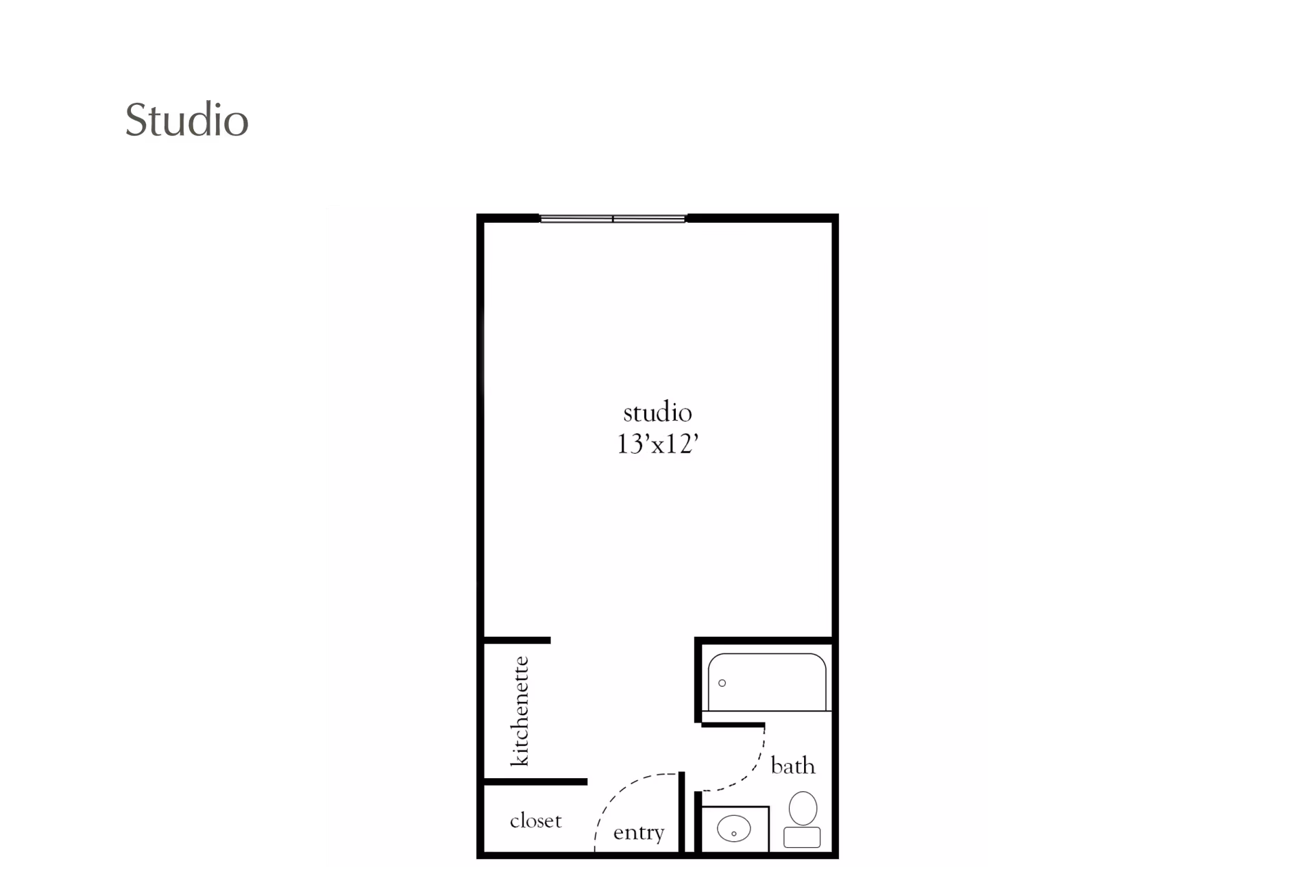 Simple black-and-white floor plan of a studio apartment labeled 13'x12' showing a kitchenette, closet, entry and bathroom.