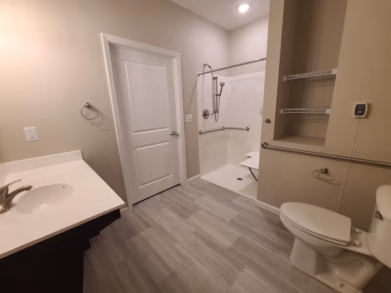 Interior bathroom featuring a sink and vanity, toilet, and a roll-in shower with grab bars and a fold-down seat.
