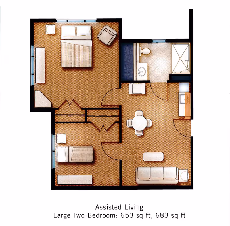 Colored floor plan of an assisted living large two-bedroom apartment showing two bedrooms, a bathroom, a kitchen, dining and living areas.