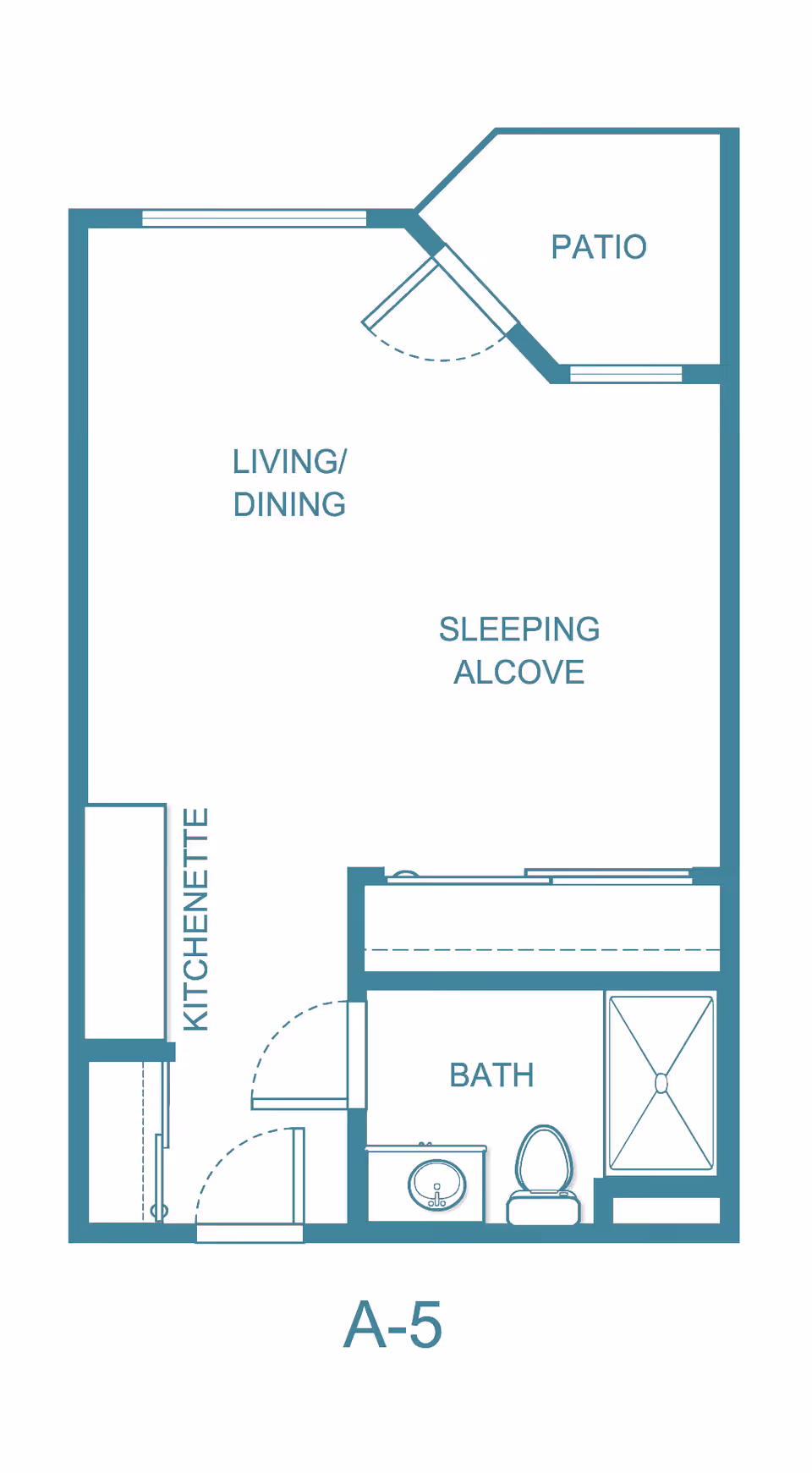 Floor plan labeled A-5 showing a layout with a kitchenette, living/dining area, sleeping alcove, bathroom with sink, toilet, and shower, and a patio.