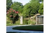 Curved concrete walkway by a grassy lawn leading to a pond with flowering shrubs, trees, and a wooden railing.