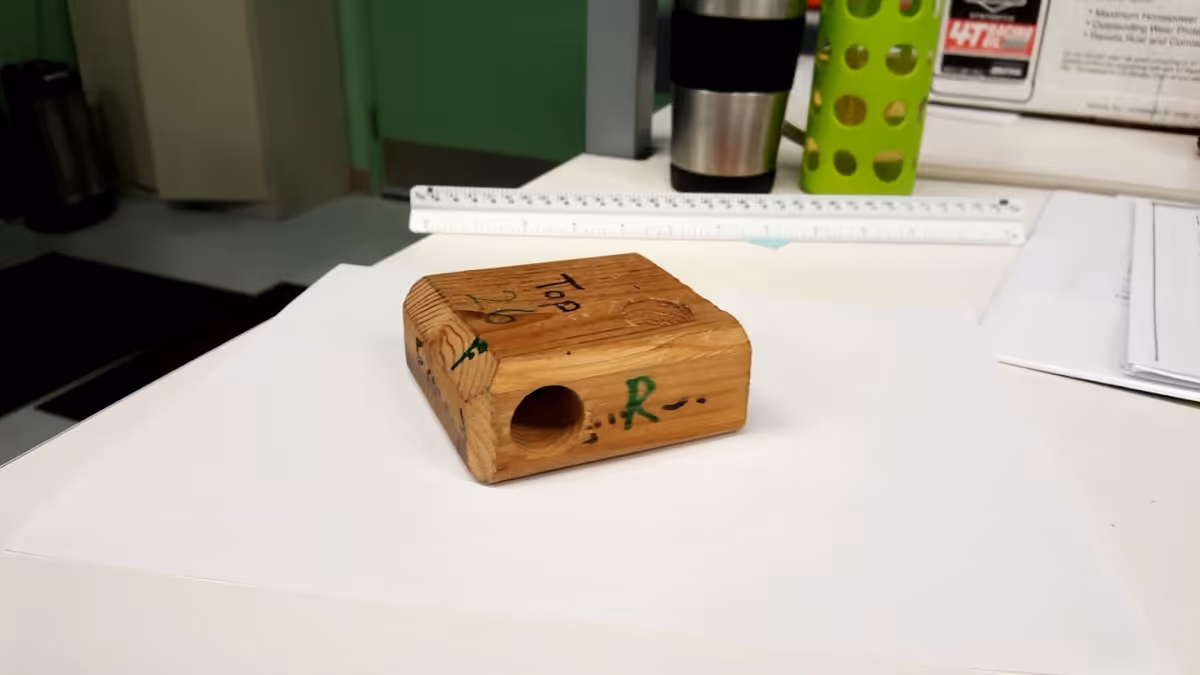 A small wooden block with a drilled hole labeled "Top" rests on a white desk with a ruler and cups in the background.