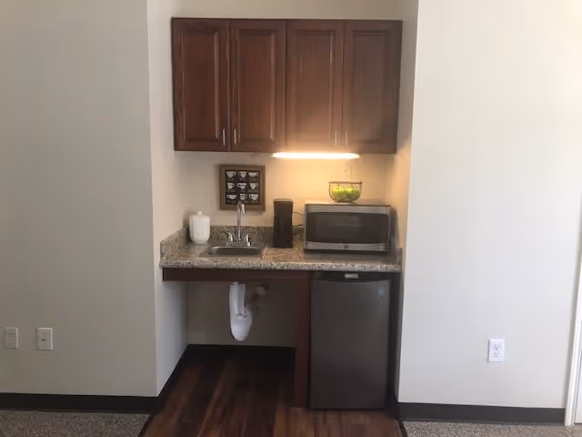 Small kitchenette area with wooden cabinets, a granite countertop, a small sink, a microwave, a mini refrigerator, and a bowl of green apples under a cabinet light.