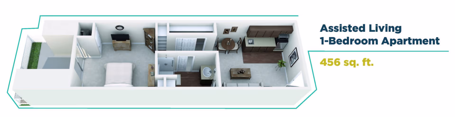 3D rendered floor plan of a 456 sq. ft. assisted living one-bedroom apartment showing a bedroom, bathroom, kitchen and living/dining area.