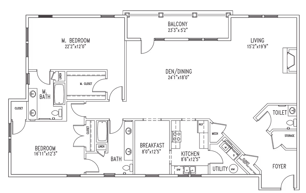 Detailed architectural floor plan showing labeled rooms including master bedroom, bedroom, living room, den/dining, kitchen, breakfast area, balcony, and bathrooms.