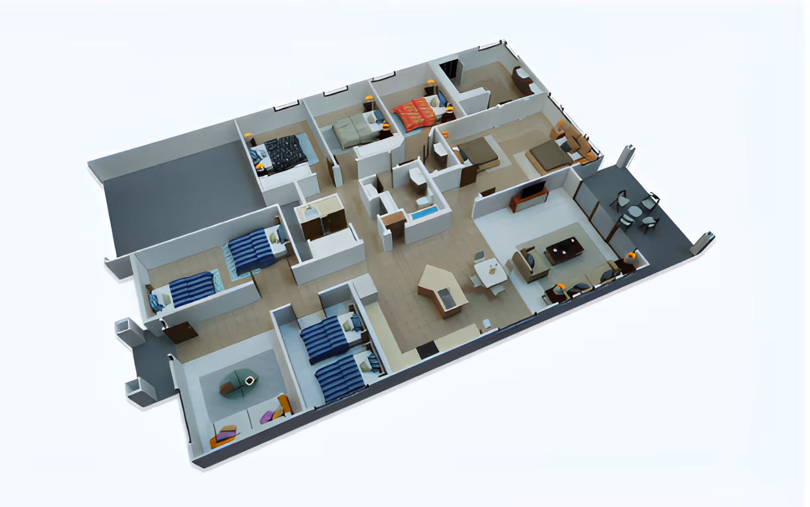 3D rendered floor plan showing multiple bedrooms, bathrooms, a central living and dining area, kitchen, and balcony spaces.