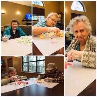 A collage of five images showing elderly individuals engaged in arts and crafts activities at a table inside a well-lit room with large windows and arched window tops.