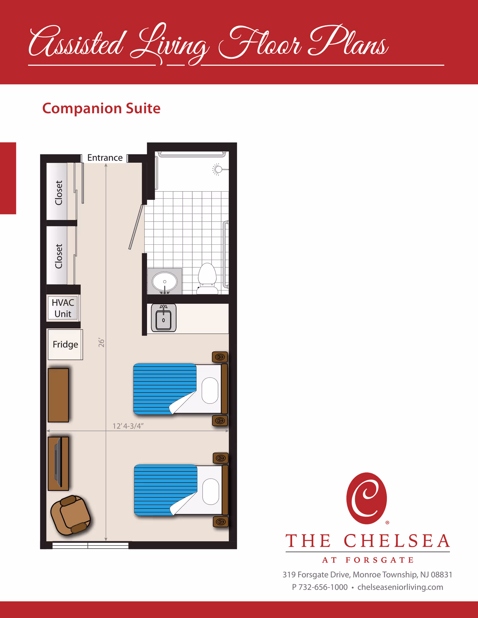 Floor plan of a Companion Suite in an assisted living facility showing an entrance leading to a room with two beds, two closets, an HVAC unit, a fridge, a sitting area with a chair and TV, and a bathroom with a sink, toilet, and shower.
