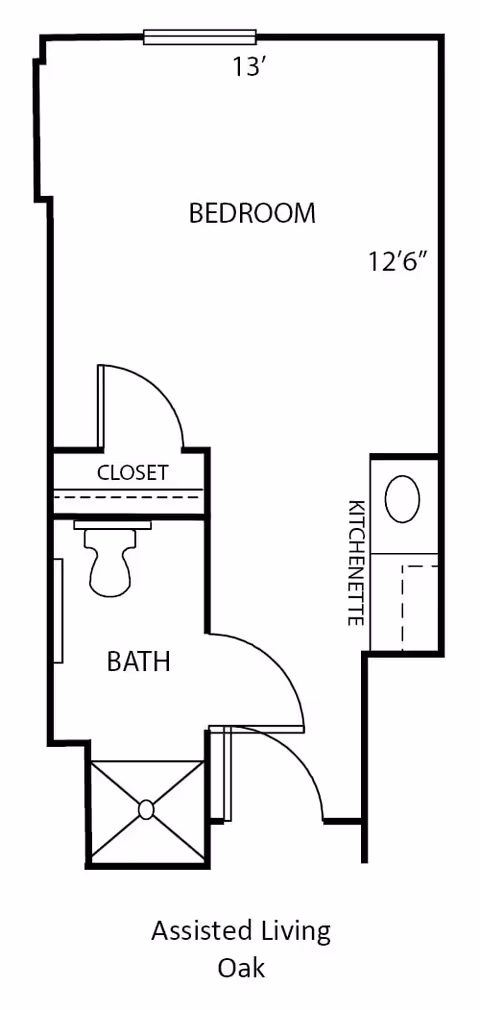 Floor plan of an assisted living unit named Oak at The Woodlands of Shaker Heights, showing a bedroom measuring 13 feet by 12 feet 6 inches, a closet, a bathroom with a toilet and shower, and a kitchenette area.