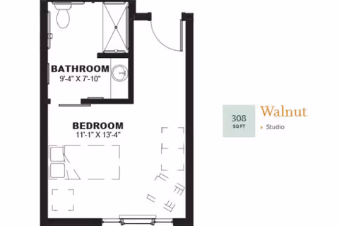 Floor plan of a studio apartment named Walnut at Clarendale of Algonquin, showing a combined bedroom and living area measuring 11 feet 1 inch by 13 feet 4 inches, and a bathroom measuring 9 feet 4 inches by 7 feet 10 inches. The layout includes a bed, seating area, and bathroom fixtures.