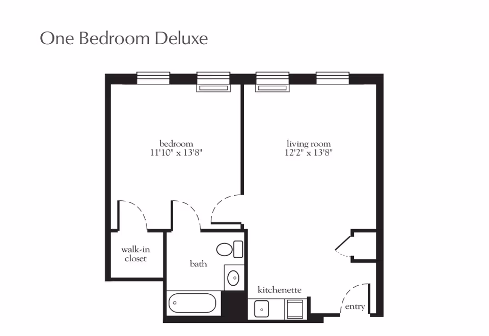 Floor plan labeled One Bedroom Deluxe showing a bedroom with walk-in closet, a bath, a living room, a kitchenette, and an entry area with dimensions for bedroom and living room.