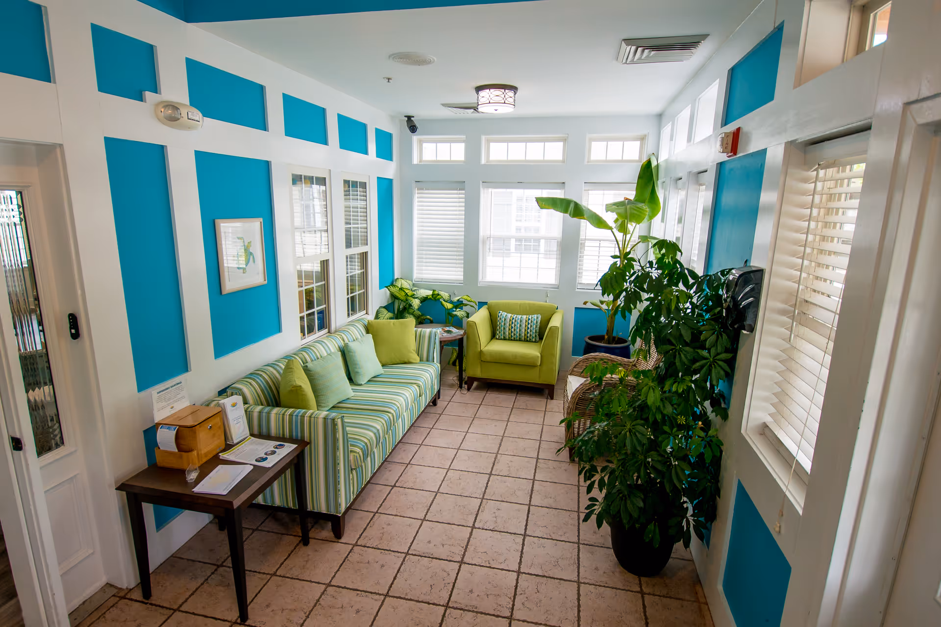 A bright and cozy sitting area with turquoise and white walls, a striped sofa with green cushions, a green armchair, several potted plants, a small wooden table with papers and a wooden box, and multiple windows letting in natural light.