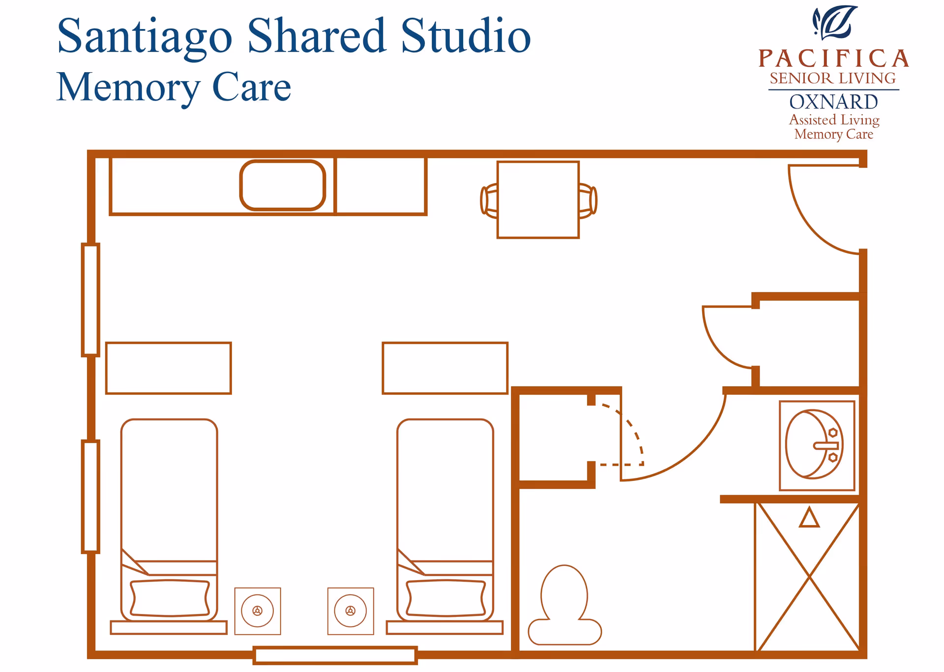 Floor plan of Santiago Shared Studio Memory Care unit showing two beds, two nightstands, a table with two chairs, a bathroom with a toilet, sink, and shower, and a closet near the entrance. The plan is labeled with Pacifica Senior Living Oxnard Assisted Living Memory Care logo.