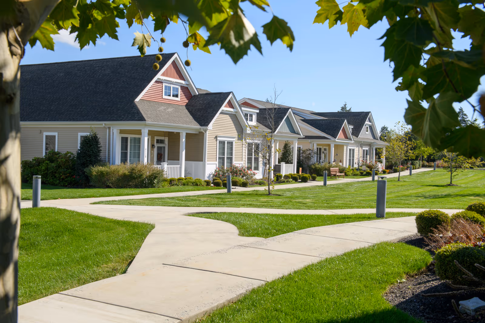 A row of single-story residential buildings with front porches, surrounded by well-maintained green lawns and paved walkways, under a clear blue sky with tree branches framing the top of the image.