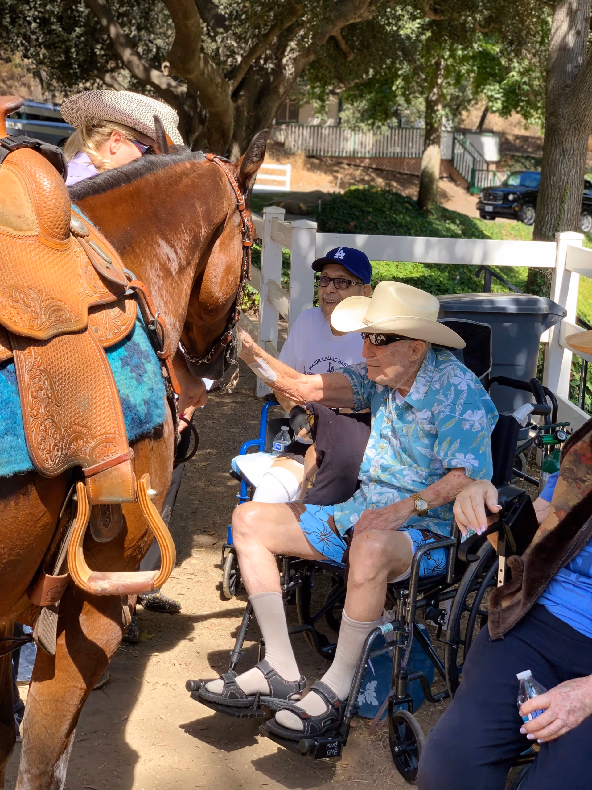 An elderly man in a wheelchair wearing a cowboy hat, sunglasses, a blue floral shirt, and shorts is reaching out to pet a brown horse with a saddle. Another elderly man wearing a blue baseball cap and glasses is sitting next to him. A woman wearing a hat is holding the horse's reins. They are outdoors near a white fence with trees and greenery in the background.
