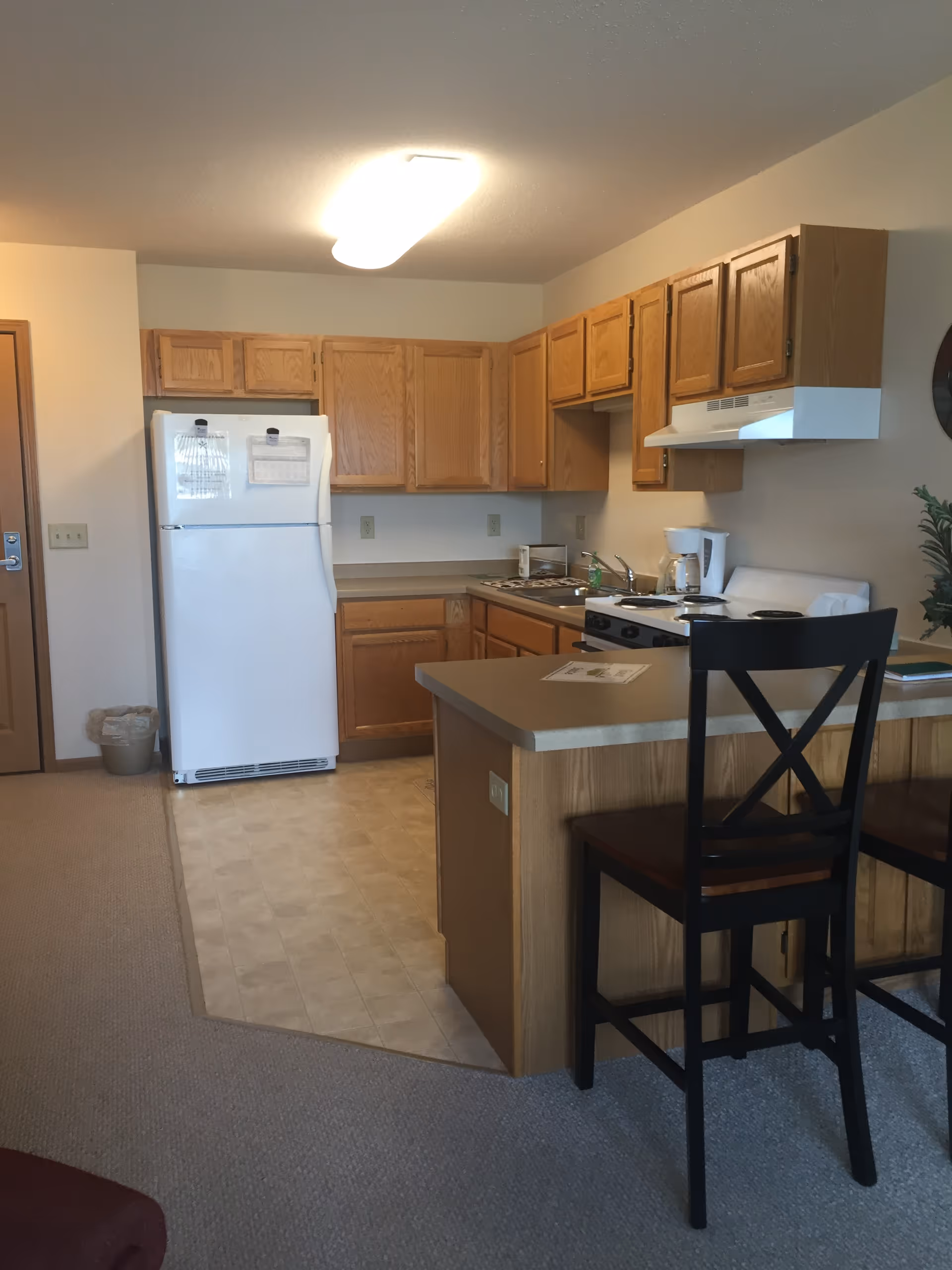 Small apartment-style kitchen with oak cabinets, a white refrigerator and stove, and a breakfast bar with two chairs.