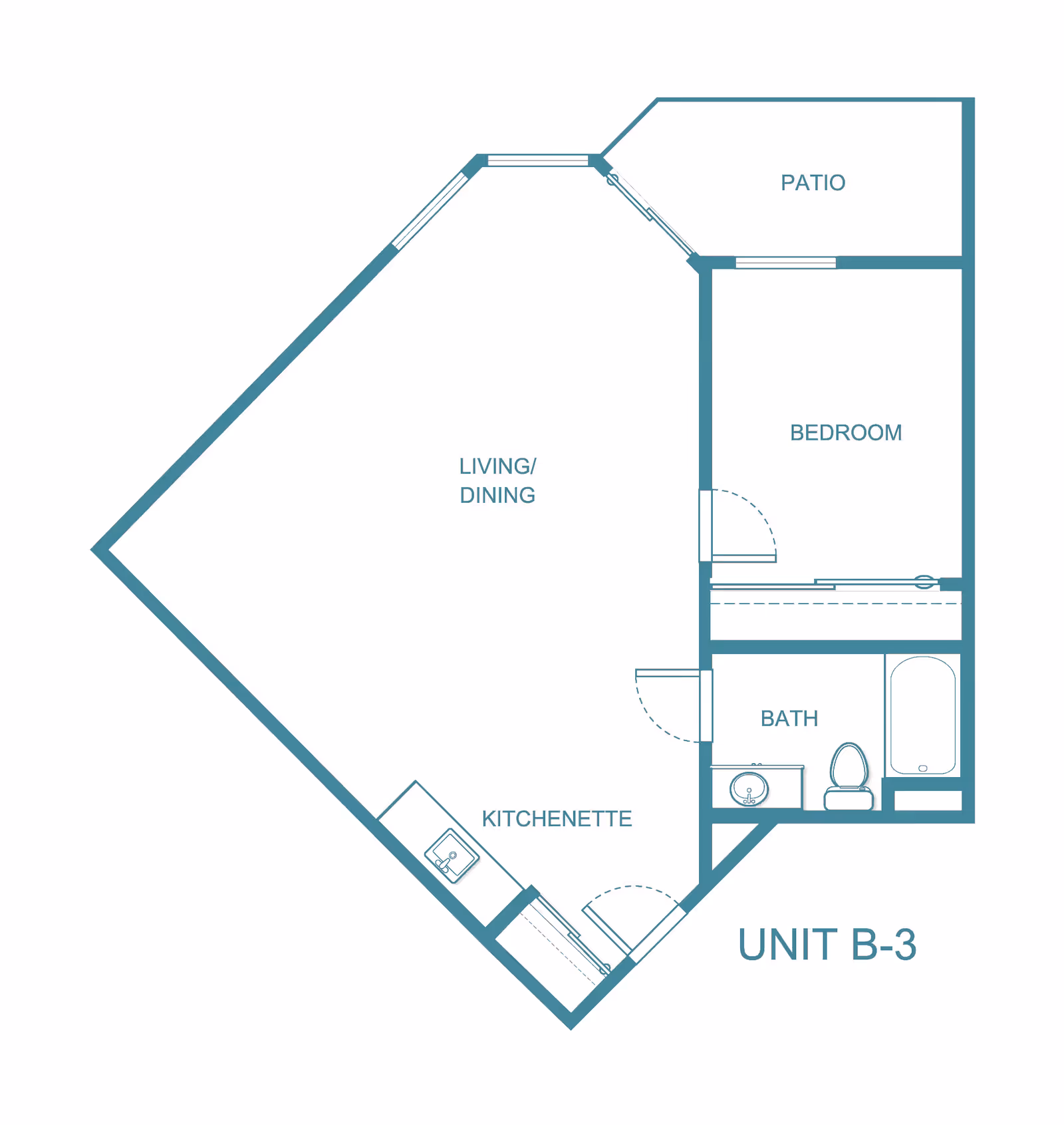 Floor plan of Unit B-3 at Truewood by Merrill, West Covina, showing a living/dining area, kitchenette, bedroom, bathroom, and patio.