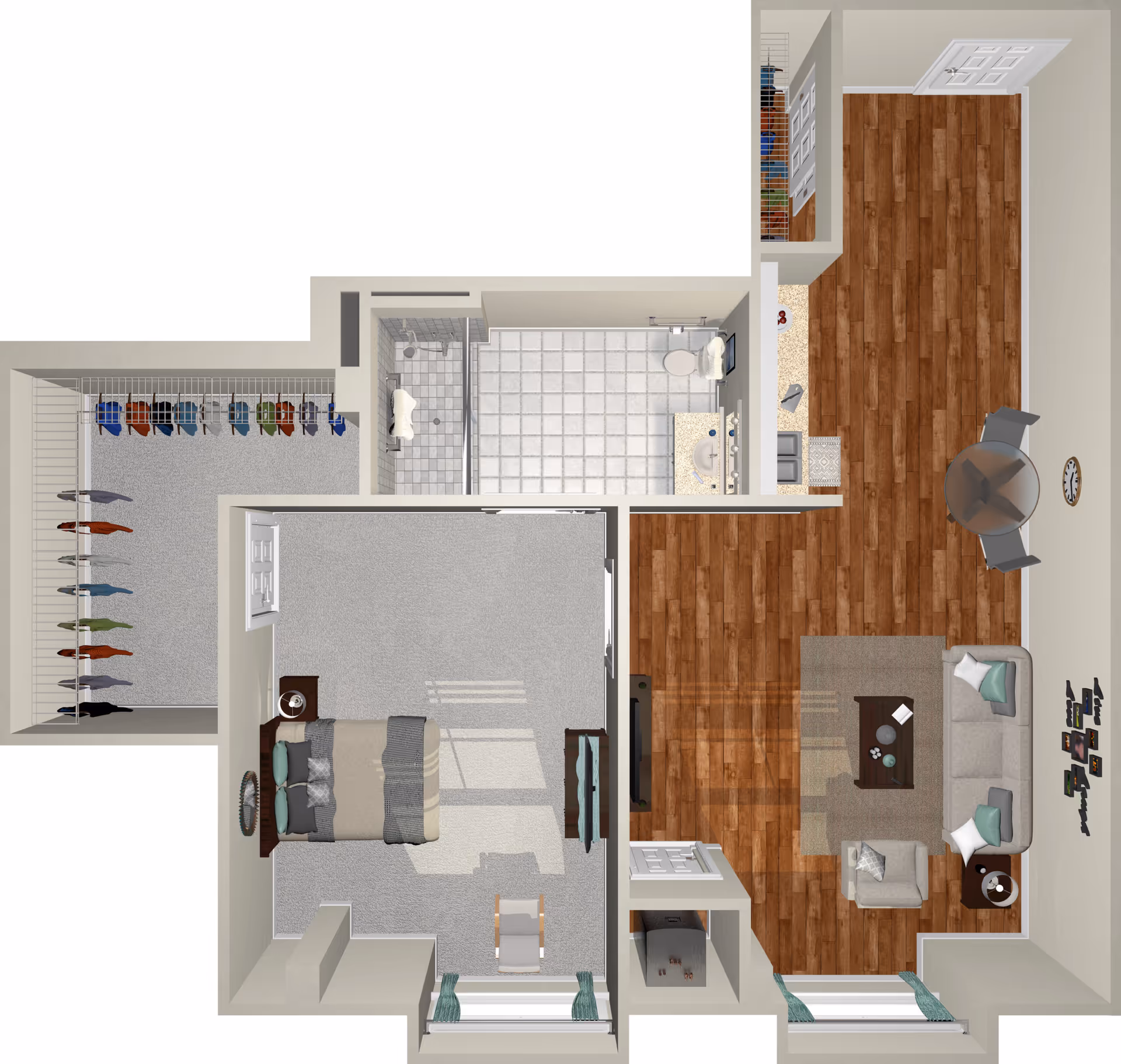 Top-down view of a one-bedroom apartment floor plan showing a bedroom with a bed, nightstand, and chair, a bathroom with a shower, toilet, and sink, a living room with a sofa, armchair, coffee table, TV, and a small dining area with a round table and two chairs. There is also a large walk-in closet with hanging clothes.