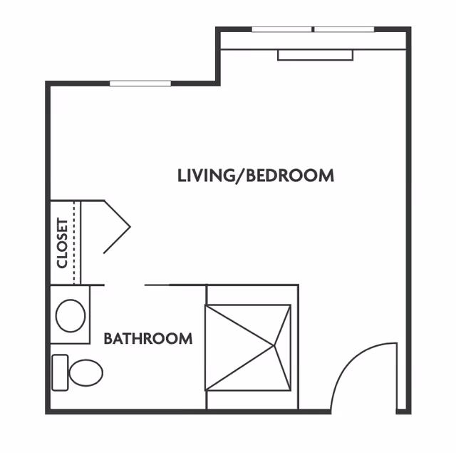 Floor plan layout showing a combined living and bedroom area with a closet and a separate bathroom including a toilet and sink.