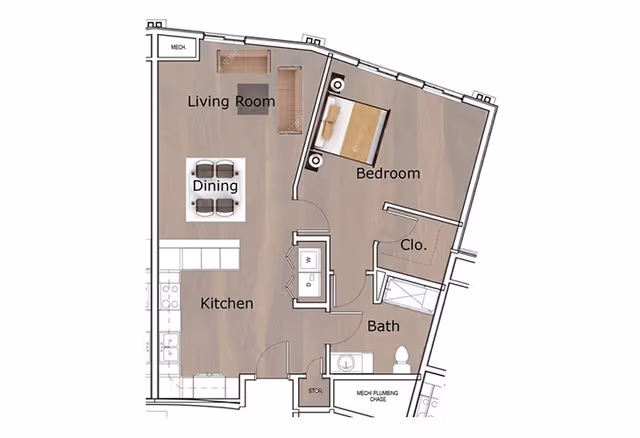 Floor plan of a residential unit showing labeled areas including Living Room with seating, Dining area with table and chairs, Kitchen with appliances, Bedroom with a bed, Closet, and Bathroom with fixtures.