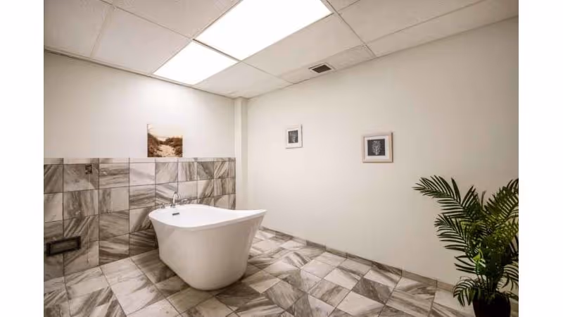 A spacious bathroom with a modern freestanding white bathtub placed against a wall with gray and white marble tiles. The floor is also covered with matching marble tiles. The walls are painted white and decorated with three framed pictures. A green potted plant is positioned in the corner of the room. The ceiling has recessed lighting panels.