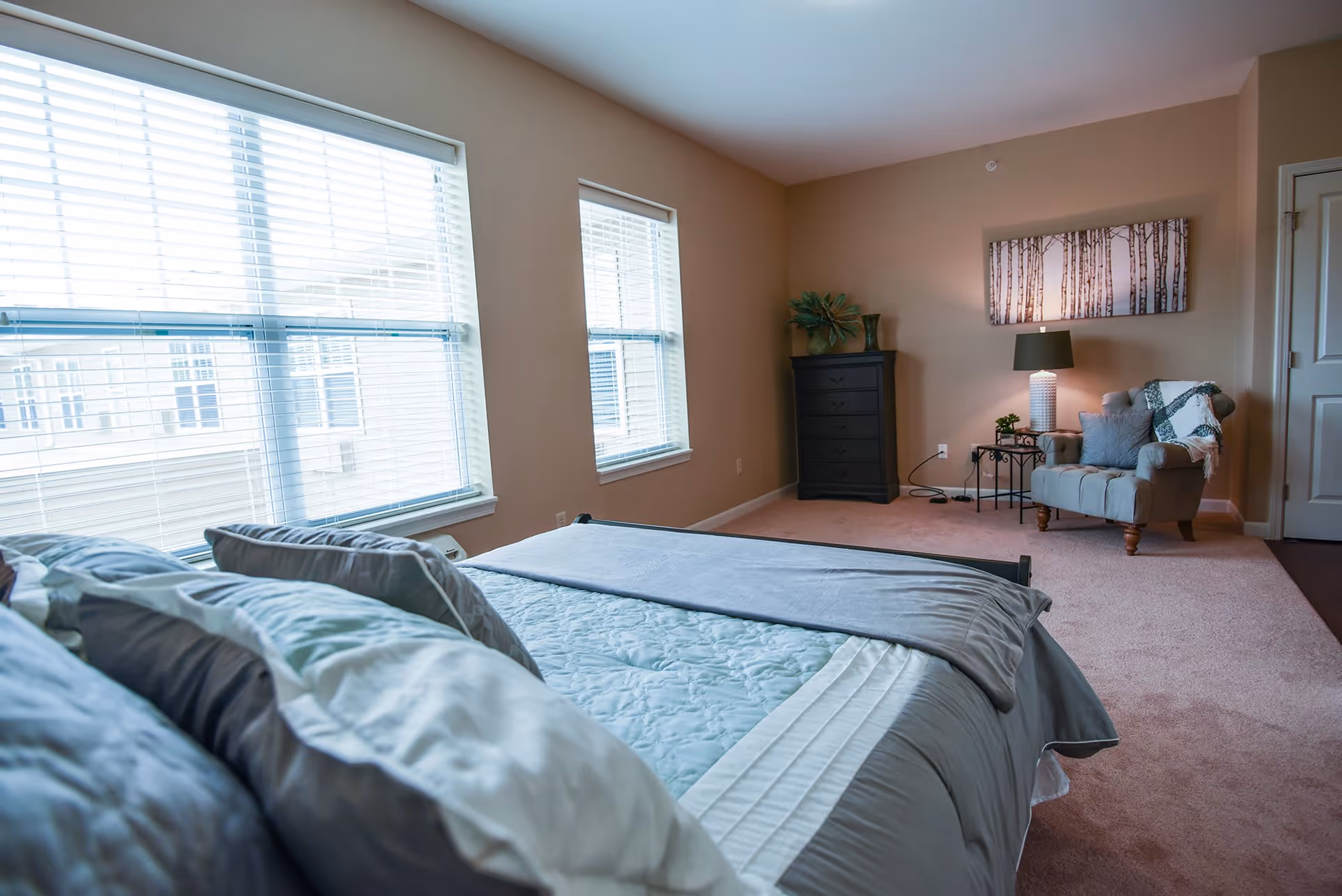 A cozy bedroom with a neatly made bed featuring multiple pillows and a light blue quilt. The room has two large windows with white blinds allowing natural light to fill the space. In the corner, there is a comfortable armchair with a throw blanket and a side table with a lamp and small plant. A tall black dresser stands against the wall, and a framed artwork depicting birch trees hangs above the armchair. The walls are painted beige and the floor is carpeted.