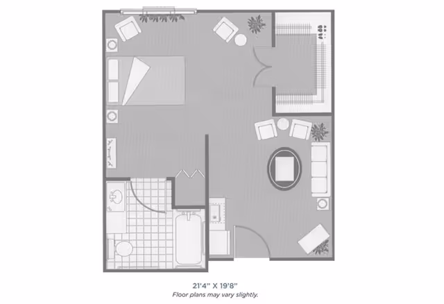Floor plan of a senior living apartment at The Neighborhood at Sheffield, showing a layout with a bedroom area containing a bed and two chairs, a bathroom with a toilet, sink, and bathtub, a living room area with a sofa, two chairs, a coffee table, and a small table, and an entryway with closet space.
