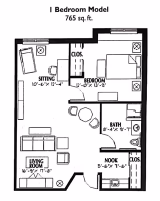 Floor plan of a one-bedroom apartment model with 765 square feet, showing labeled areas including sitting room, bedroom, living room, bathroom, and nook, along with closets and furniture layout.