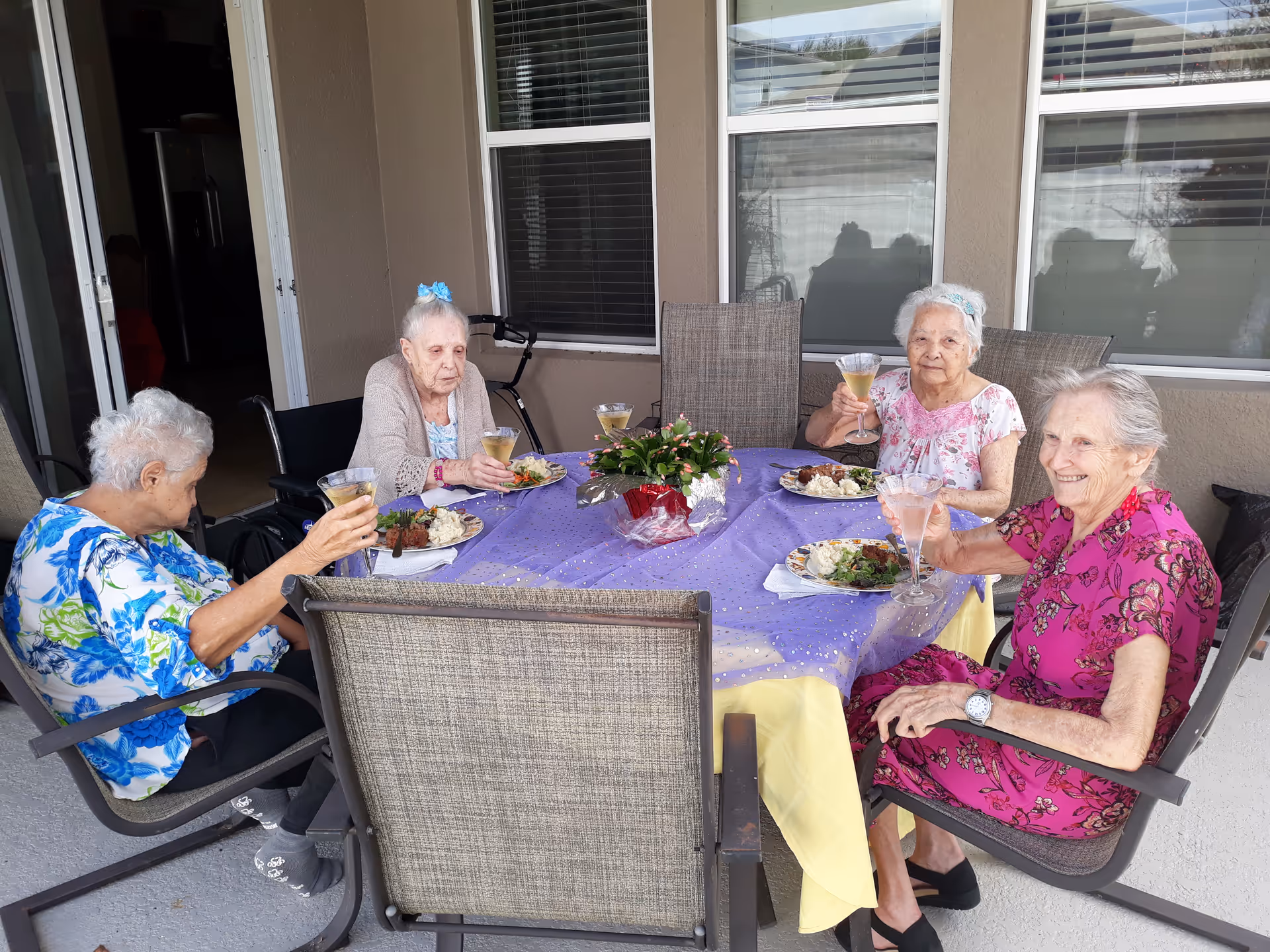 Four elderly women sitting around a table outdoors on a patio, enjoying a meal and raising their glasses in a toast. The table is covered with a purple tablecloth and has a centerpiece with a potted plant. The women are smiling and appear to be socializing in a relaxed setting.