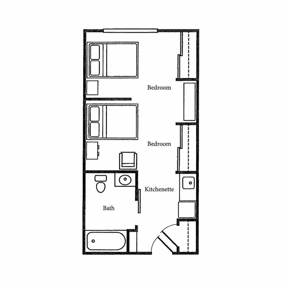 Black and white architectural floor plan of a small living unit with two bedrooms, a kitchenette, and a bathroom. Each bedroom contains a bed and some furniture. The bathroom includes a toilet, sink, and bathtub. The kitchenette has a sink and counter space near the entrance.