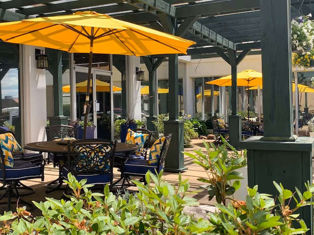 Outdoor patio area with round tables and chairs featuring blue cushions and patterned pillows. Large yellow umbrellas provide shade over the seating areas. The patio is surrounded by green plants and supported by dark green wooden beams and pergola structure.
