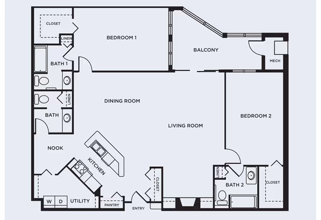 Floor plan of a two-bedroom apartment at Coventry Village showing Bedroom 1 with an attached Bath 1 and closet, Bedroom 2 with a closet and Bath 2 nearby, a balcony, a combined dining room and living room area, a kitchen with an island, a nook, utility area with washer and dryer, pantry, and entry closet.