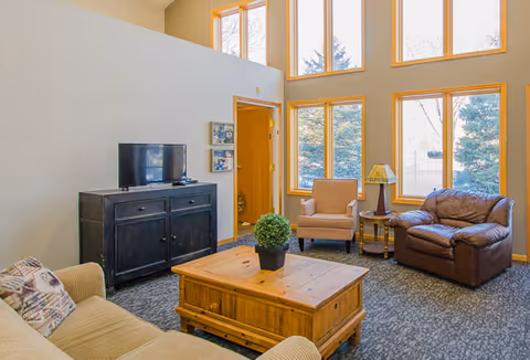 Cozy living room with high windows, a sofa and armchairs, a TV on a cabinet, and a wooden coffee table with a potted plant.