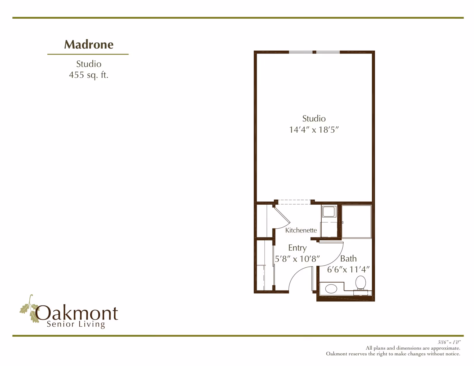 Floor plan of a studio apartment named Madrone at Oakmont Senior Living, showing a 455 sq. ft. layout with a studio area measuring 14'4" x 18'5", a kitchenette, an entry area measuring 5'8" x 10'8", and a bathroom measuring 6'6" x 11'4".